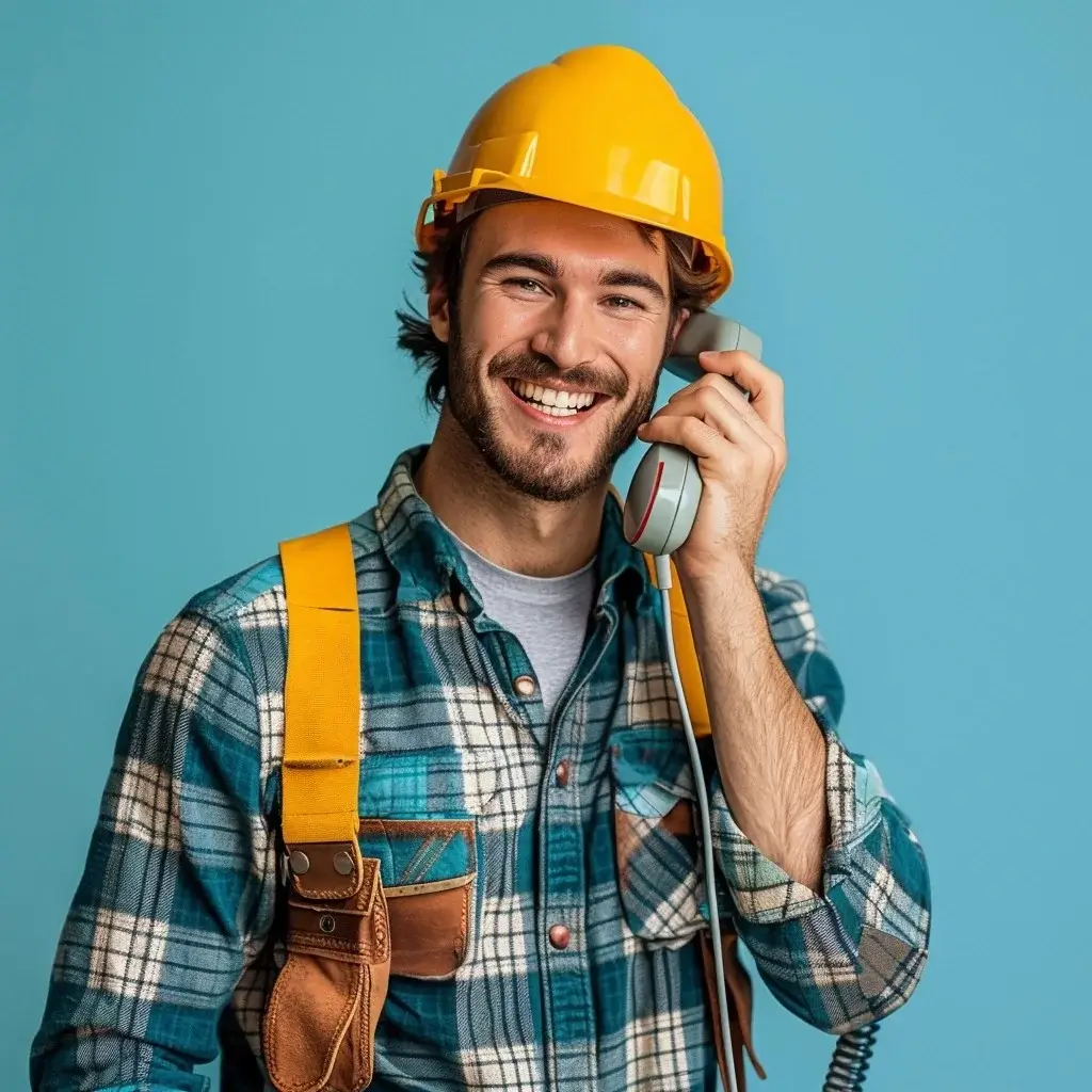 Lächelnder Elektriker Landsberg, der ein Telefon in der Hand hält
