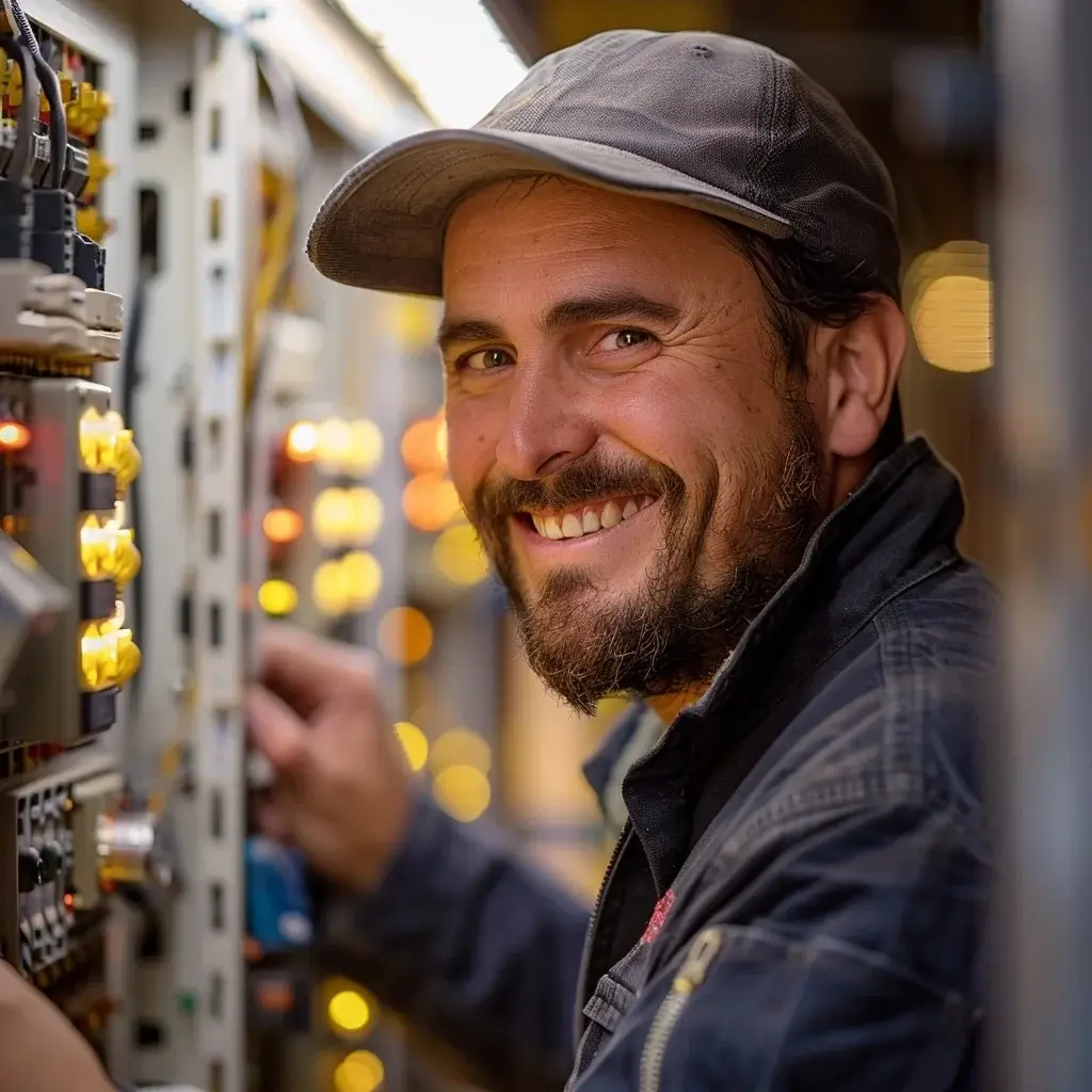 Ein lächelnder Elektriker repariert einen Anschlusskasten